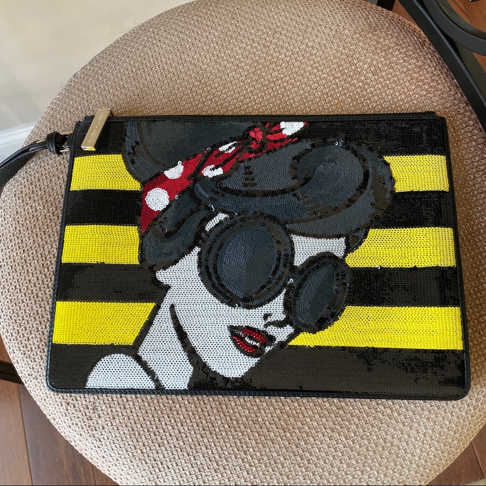 Alice + Olivia Stace Sequin Girl Face Large leather Zip Pouch clutch
